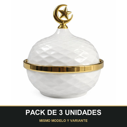 PACK DE 3 UNIDADES — Caja Decorativa Árabe con Tapa Luna y Estrella Dorada 🌙⭐ Cerámica Blanca de Lujo. MISMO MODELO Y VARIANTE