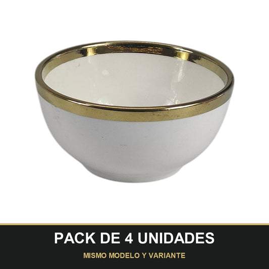 PACK DE 4 UNIDADES — Bol de Cerámica Ø12,5 cm con Borde Dorado – Blanco Elegante. MISMO MODELO Y VARIANTE