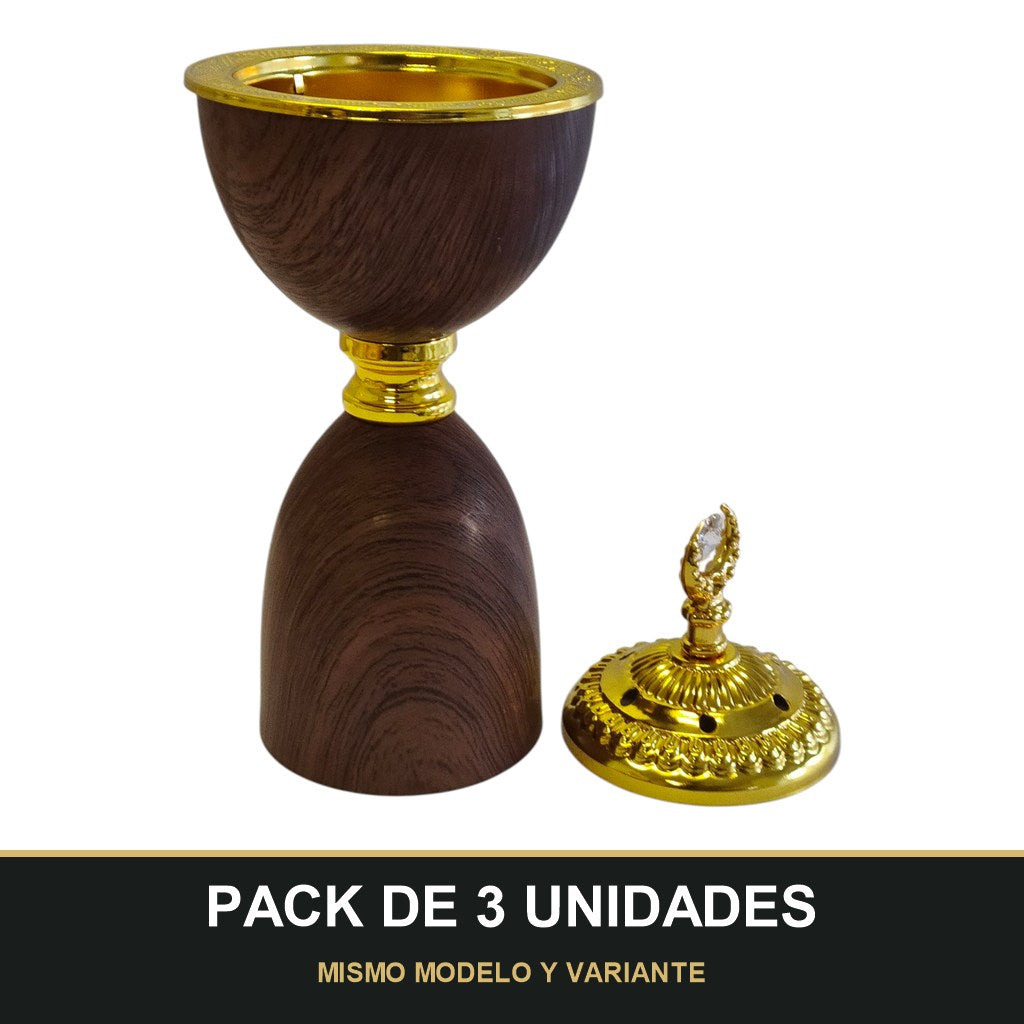 PACK DE 3 UNIDADES — Quemador de Incienso Árabe Marrón y Dorado — Diseño de Madera con Media Luna. MISMO MODELO Y VARIANTE