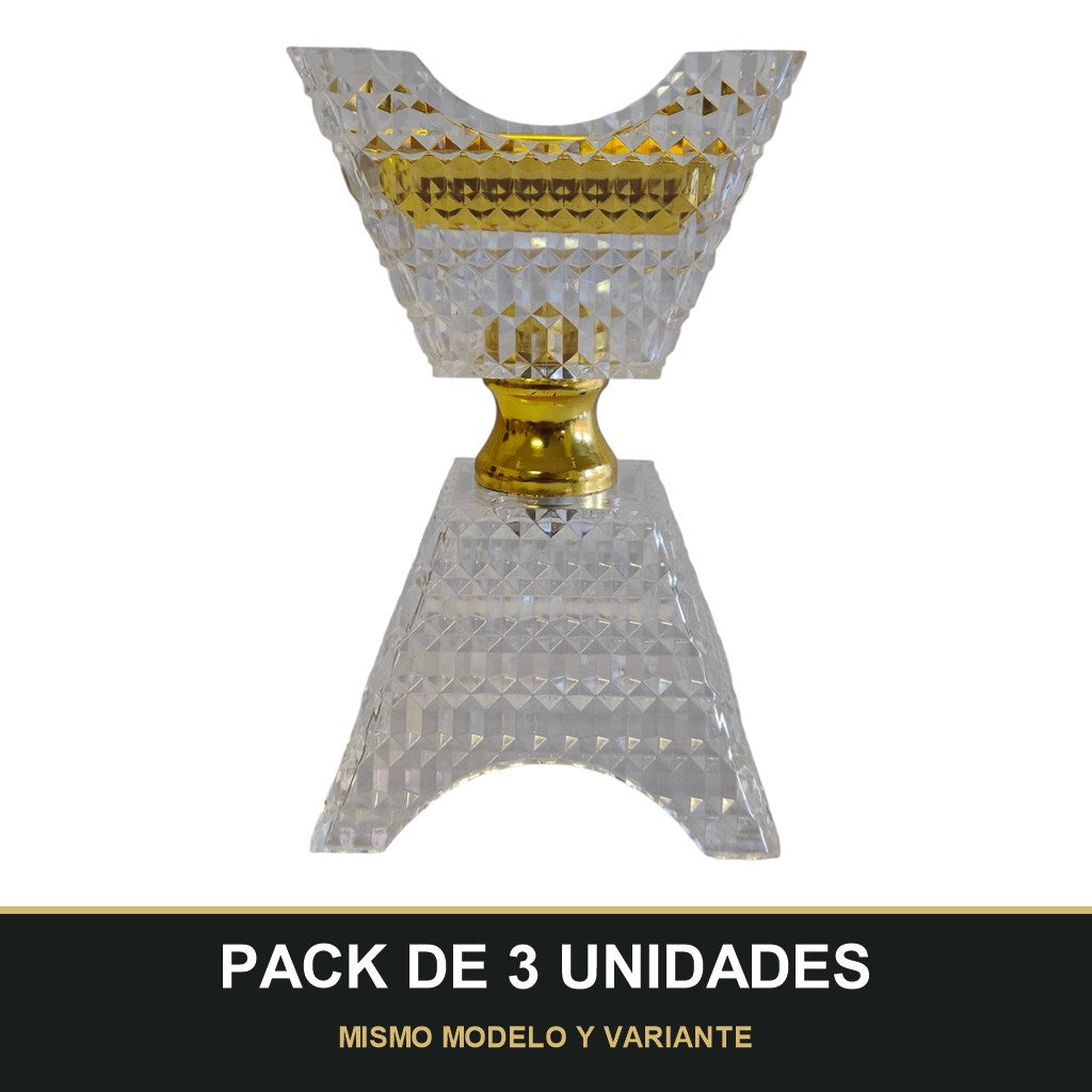 PACK DE 3 UNIDADES — Quemador de Incienso Árabe Transparente y Dorado — Diseño de Cristal Tallado. MISMO MODELO Y VARIANTE
