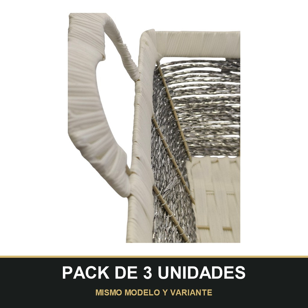 PACK DE 3 UNIDADES — Cesta Organizadora Tejida con Asas — Rectangular Plata/Beige. MISMO MODELO Y VARIANTE