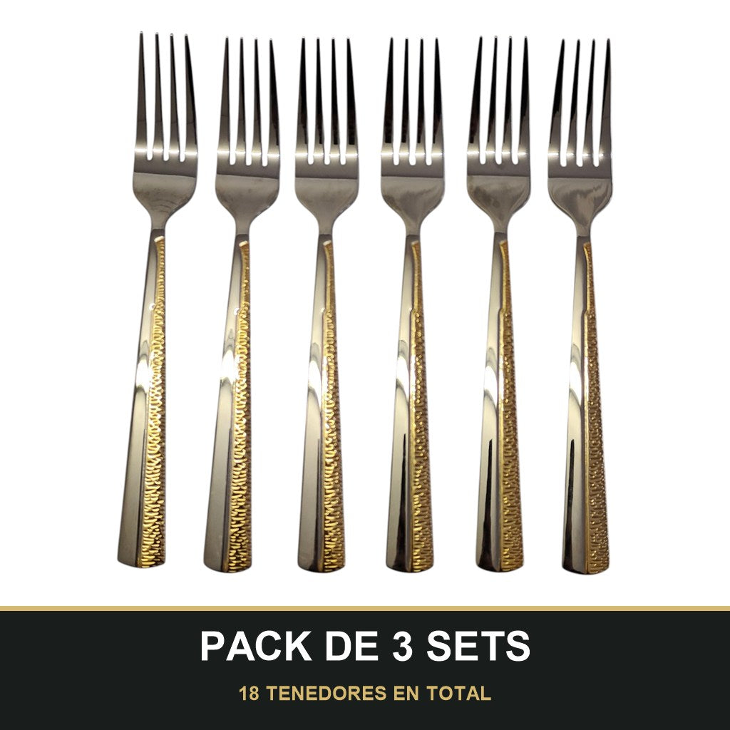 PACK DE 3 SETS — Set de 6 Tenedores de Mesa – Acero Inoxidable con Detalle Dorado | Colección Premium. 18 TENEDORES EN TOTAL