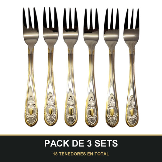 PACK DE 3 SETS — Set de 6 Tenedores de Postre – Acero Inoxidable con Grabado y Borde Dorado | Colección Clásica. 18 TENEDORES EN TOTAL