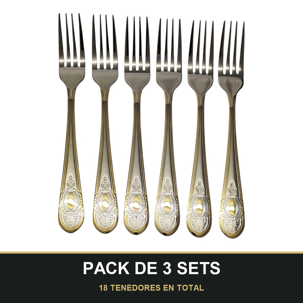 PACK DE 3 SETS — Set de 6 Tenedores de Mesa – Acero Inoxidable con Grabado y Borde Dorado. 18 TENEDORES EN TOTAL