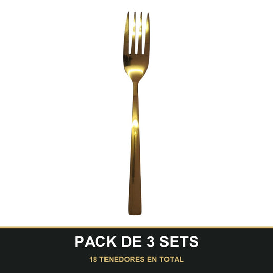 PACK DE 3 SETS — Set de 6 Tenedores Dorados – Acero Inoxidable | Diseño Liso Acabado Espejo. 18 TENEDORES EN TOTAL