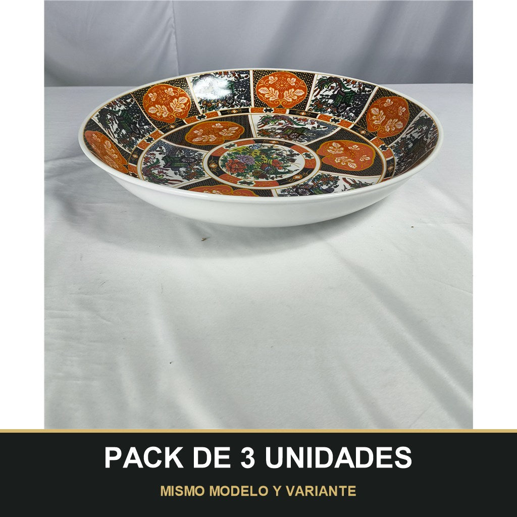 PACK DE 3 UNIDADES — Plato Tauss Hondo de Cerámica Decorado 16" / 40,64cm – Diseño Oriental Clásico en Tonos Naranja y Negro. MISMO MODELO Y VARIANTE