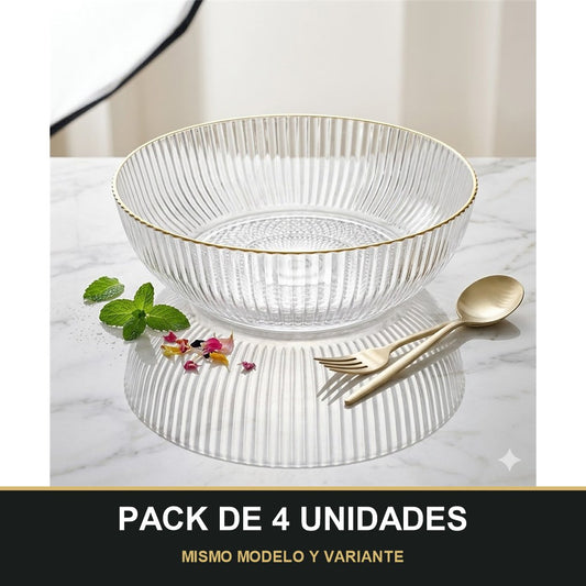 PACK DE 4 UNIDADES — Cuenco de Plástico Transparente Estriado con Borde Dorado – Diseño Elegante. MISMO MODELO Y VARIANTE