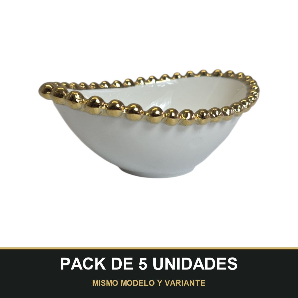 PACK DE 5 UNIDADES — Cuenco Ovalado de Porcelana con Borde Dorado 14,5cm x 10cm ✨. MISMO MODELO Y VARIANTE