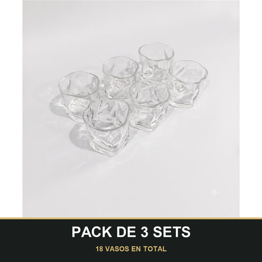 PACK DE 3 SETS — Set de 6 Vasos de Vidrio Texturizados para Agua, Zumo y Refrescos. 18 VASOS EN TOTAL