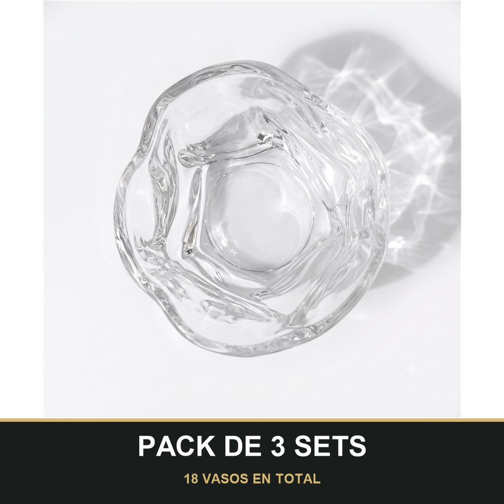 PACK DE 3 SETS — Set de 6 Vasos de Vidrio Texturizados para Agua, Zumo y Refrescos. 18 VASOS EN TOTAL