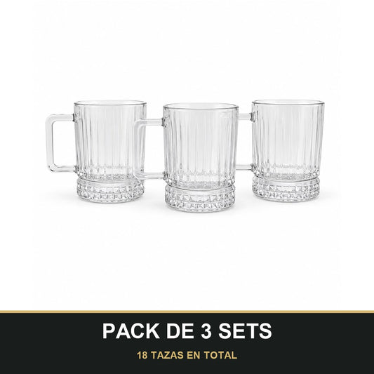 PACK DE 3 SETS — Set de 6 Tazas de Cristal con Asa – Diseño Elegante para Zumos, Café, Té e Infusiones. 18 TAZAS EN TOTAL
