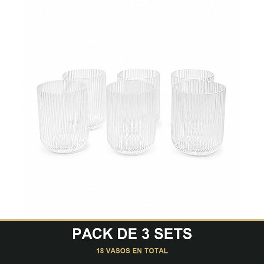 PACK DE 3 SETS — Set de 6 Vasos de Cristal Transparente con Relieve – Elegancia para Agua, Refrescos y Cócteles. 18 VASOS EN TOTAL