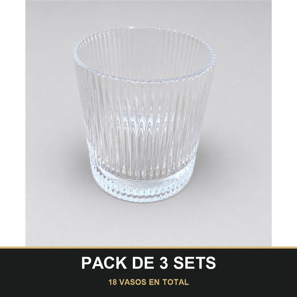 PACK DE 3 SETS — Set de 6 Vasos Bajos de Cristal con Relieve – Elegantes y Resistentes para Bebidas, Refrescos y Zumos. 18 VASOS EN TOTAL