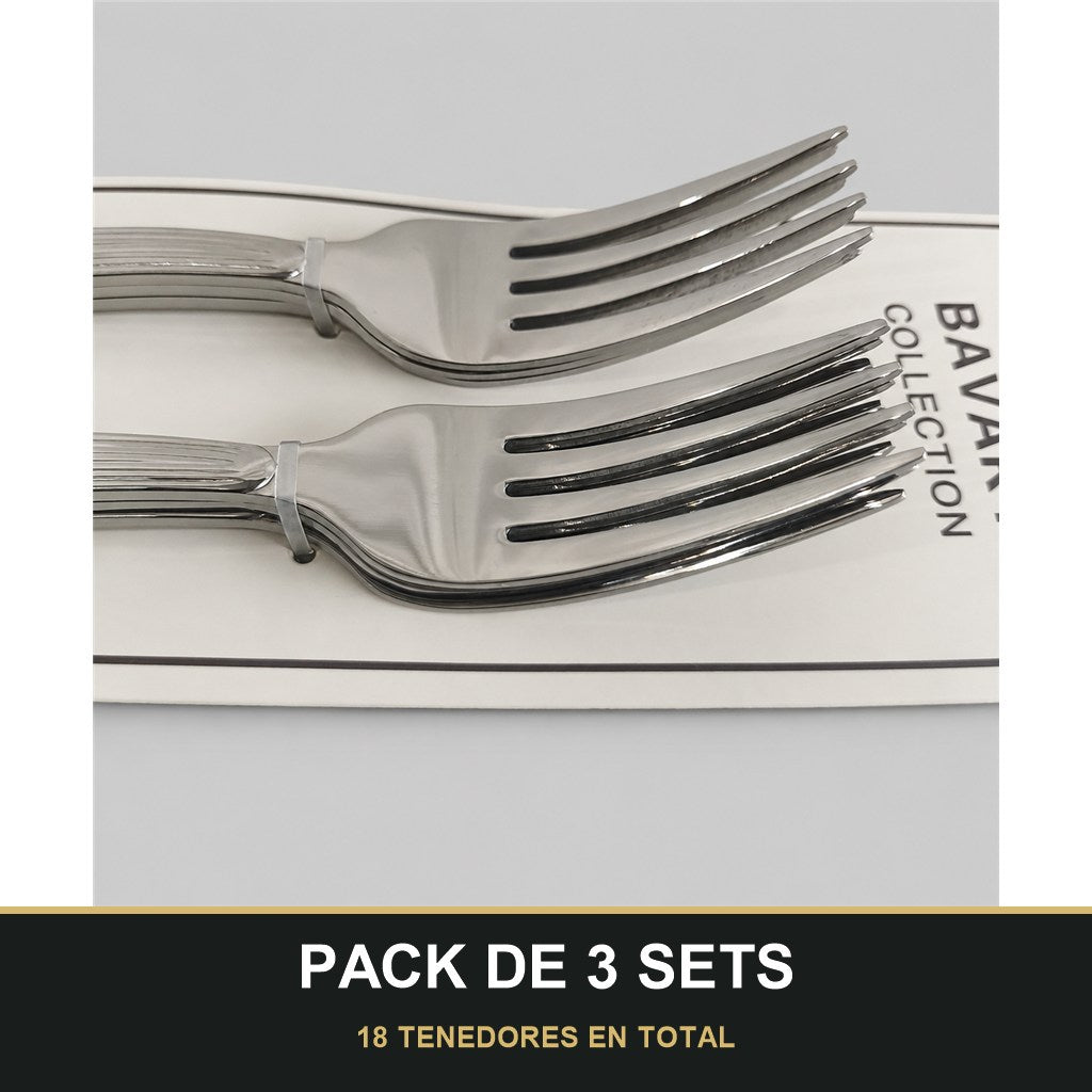 PACK DE 3 SETS — Set de 6 Tenedores de Mesa con Mango Texturizado – Acabado Plateado. 18 TENEDORES EN TOTAL