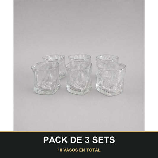 PACK DE 3 SETS — Set de 6 Vasos Bajos de Cristal con Diseño Ondulado – Elegantes y Modernos. 18 VASOS EN TOTAL