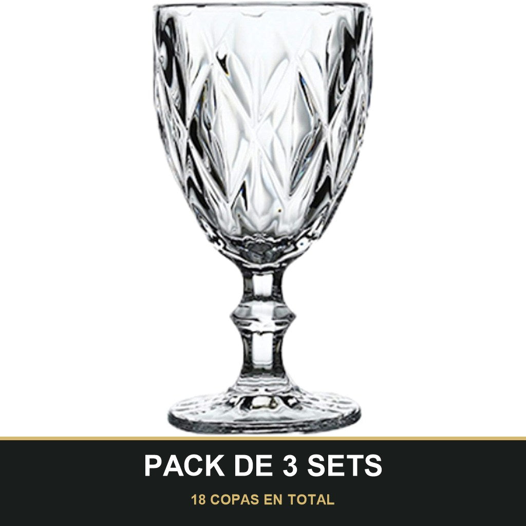 PACK DE 3 SETS — Set de 6 Copas de Vidrio con Diseño Tallado – 330 ml. 18 COPAS EN TOTAL