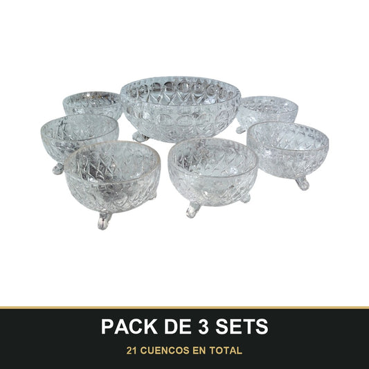 PACK DE 3 SETS — Set de 7 Cuencos de Cristal Tallado. 21 CUENCOS EN TOTAL