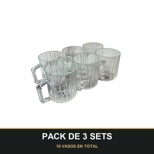 PACK DE 3 SETS — Set de 6 Vasos de Cristal con Asa - 250 ml. 18 VASOS EN TOTAL