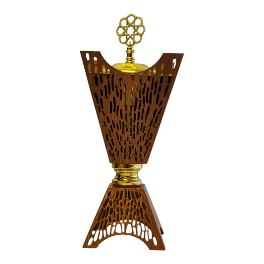 Quemador de Incienso Árabe Dorado y Madera — Diseño Calado Tradicional