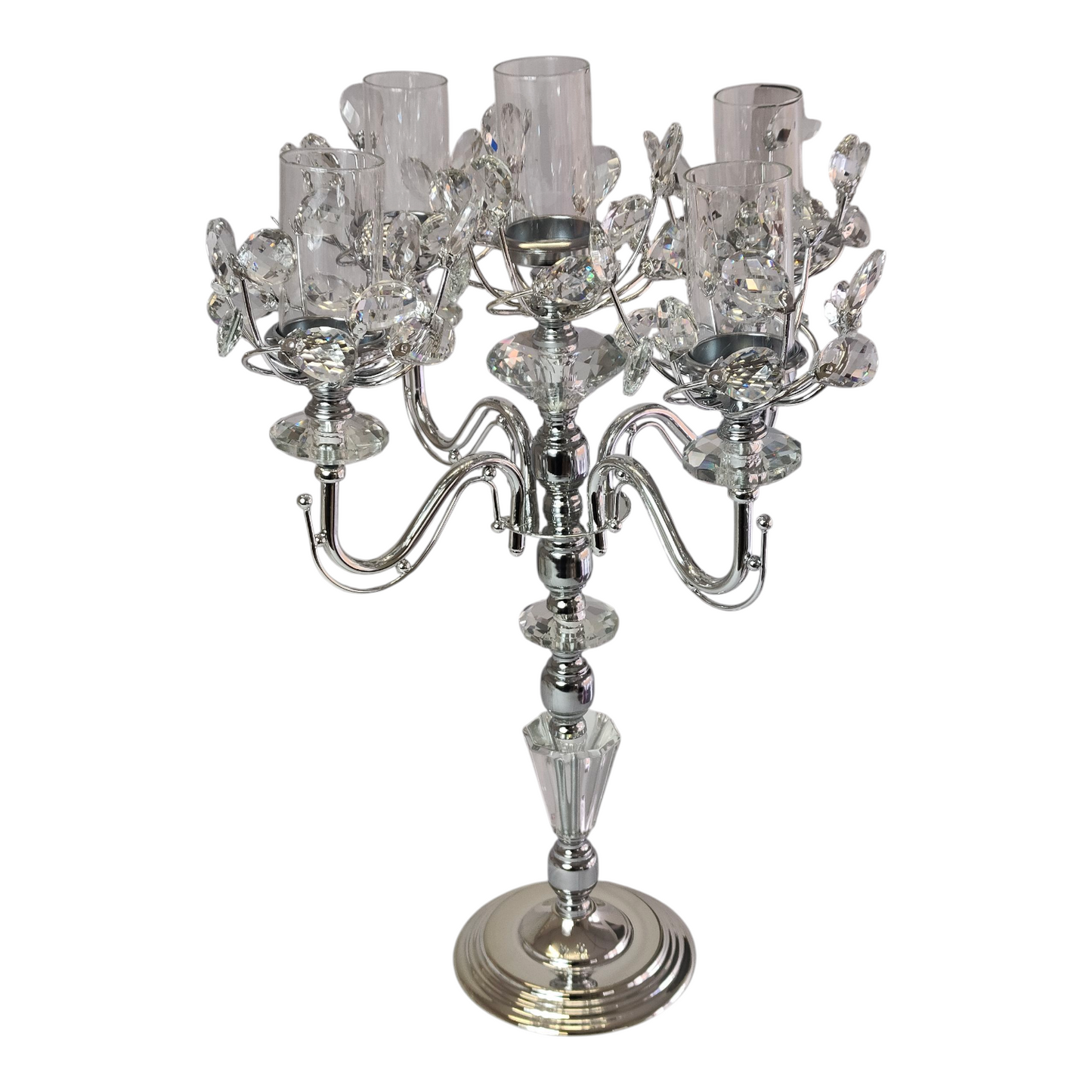 Candelabro de Cristal y Metal Plateado con 5 Brazos — Estilo Elegante y Moderno