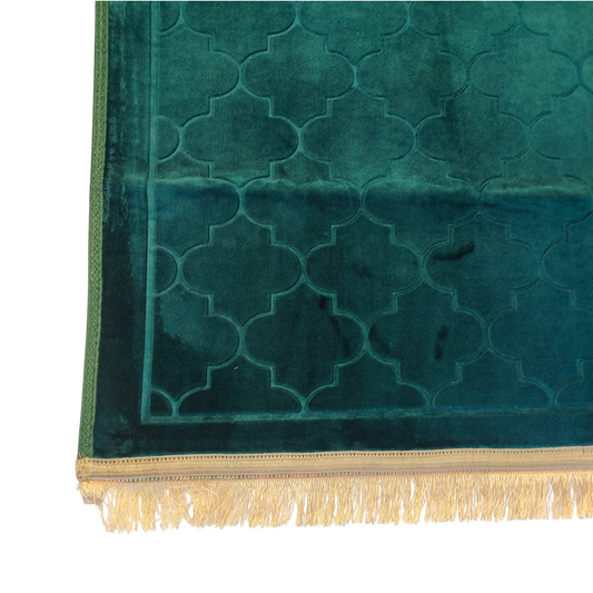 Alfombra de Rezo Sajjada Verde Esmeralda con Flecos Dorados