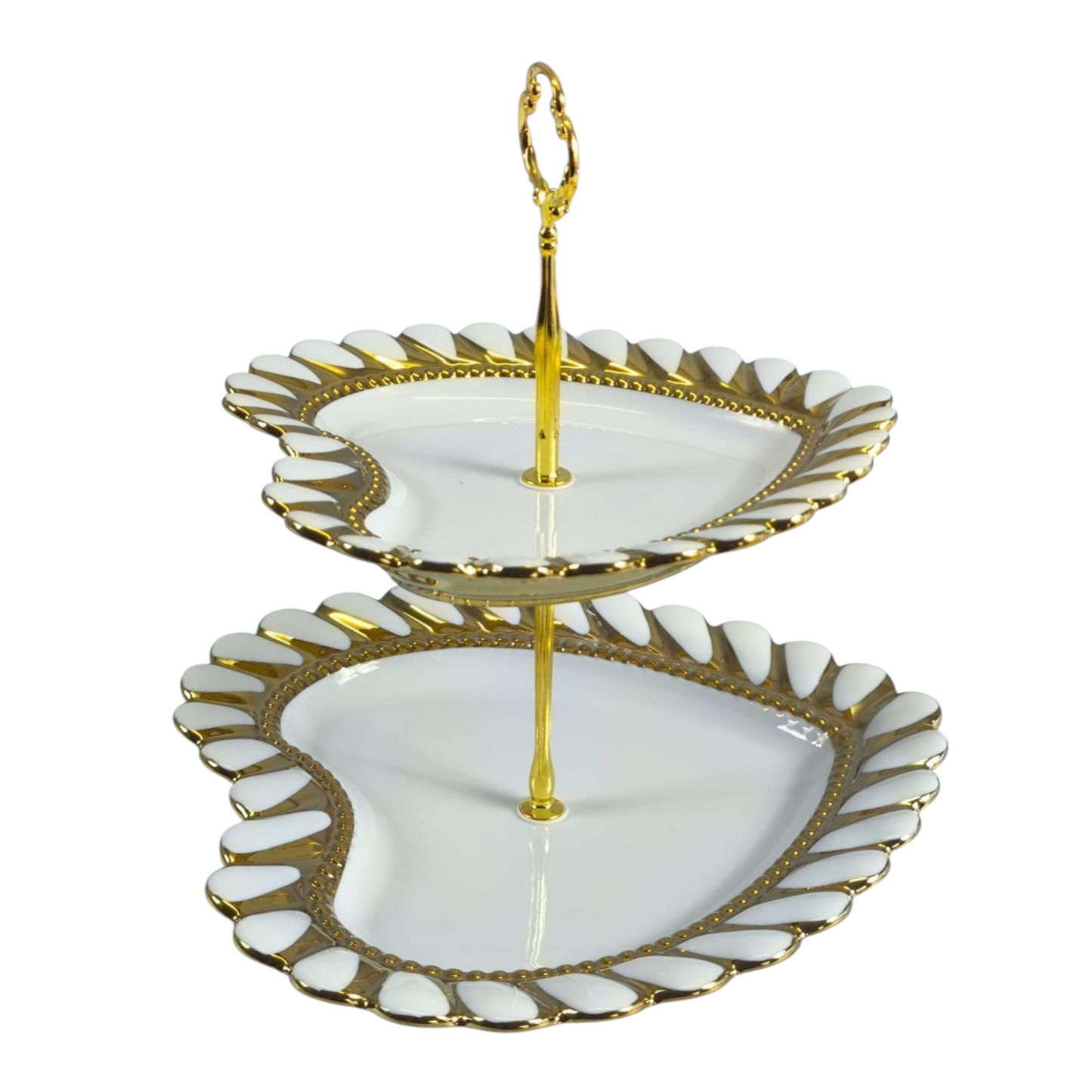 🍰 Suporte para Bolo de 2 Andares em Forma de Coração – Cerâmica Branca com Detalhes Dourados 💛