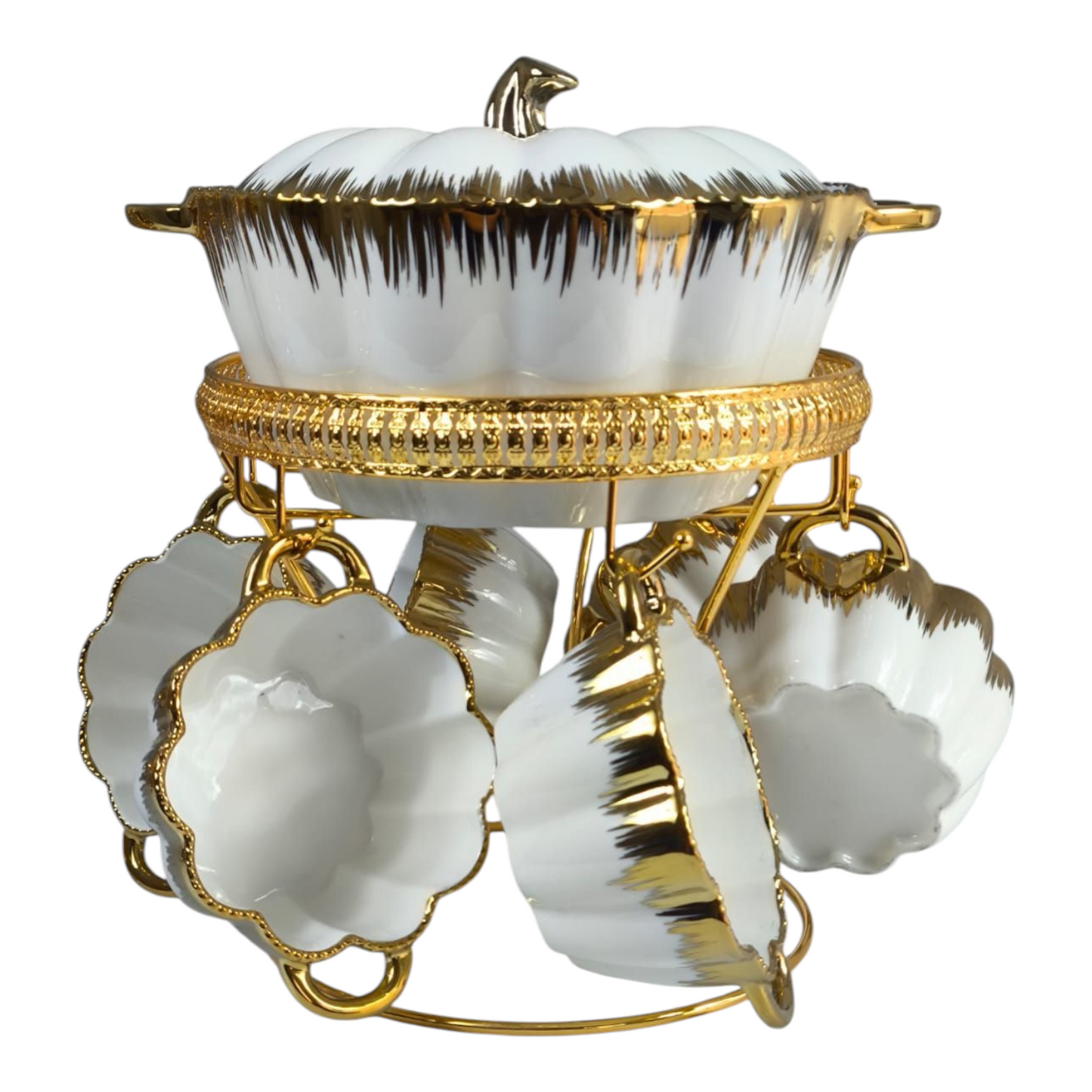 Set de Sopa con 6 Cuencos 🍲✨ Porcelana Blanca con Detalles Dorados y Soporte de Lujo 2L
