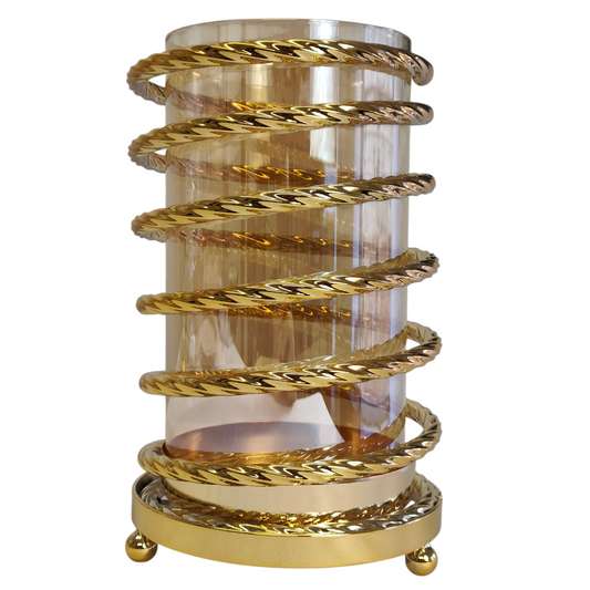 Portavelas de Cristal con Estructura Metálica Dorada en Espiral