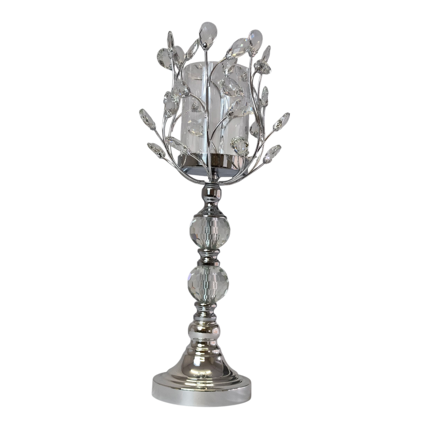 Candelabro Plateado con Pétalos de Cristal y Detalle de Doble Esfera ✨