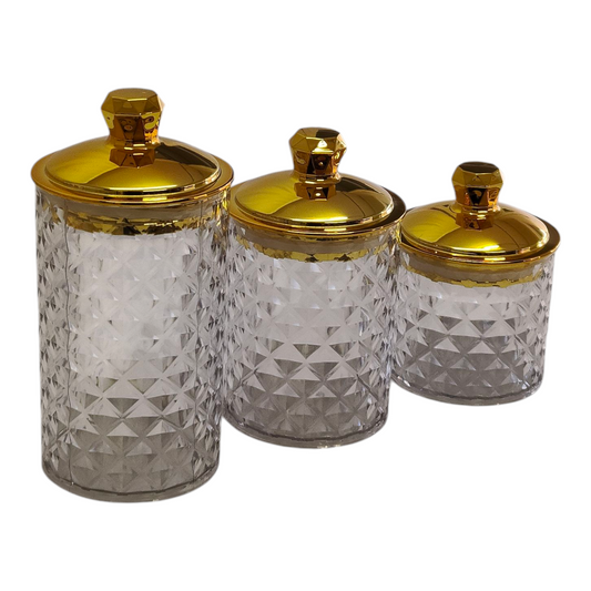 ✨ Set de 3 Botes de Plástico Transparente con Tapa Dorada — Elegancia y Organización 💎