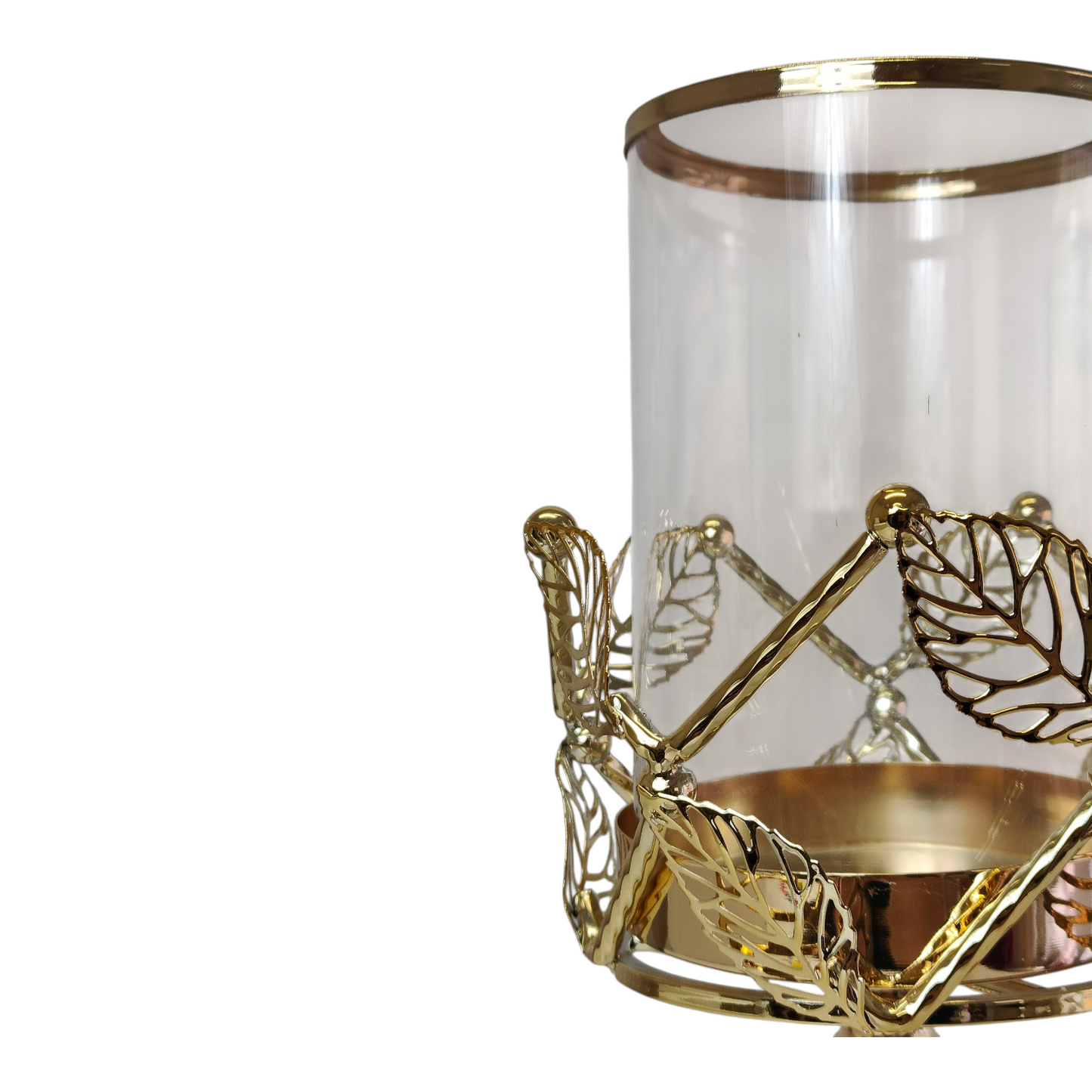 Portavelas Alto de Cristal y Metal Dorado con Detalles de Hojas – 42cm