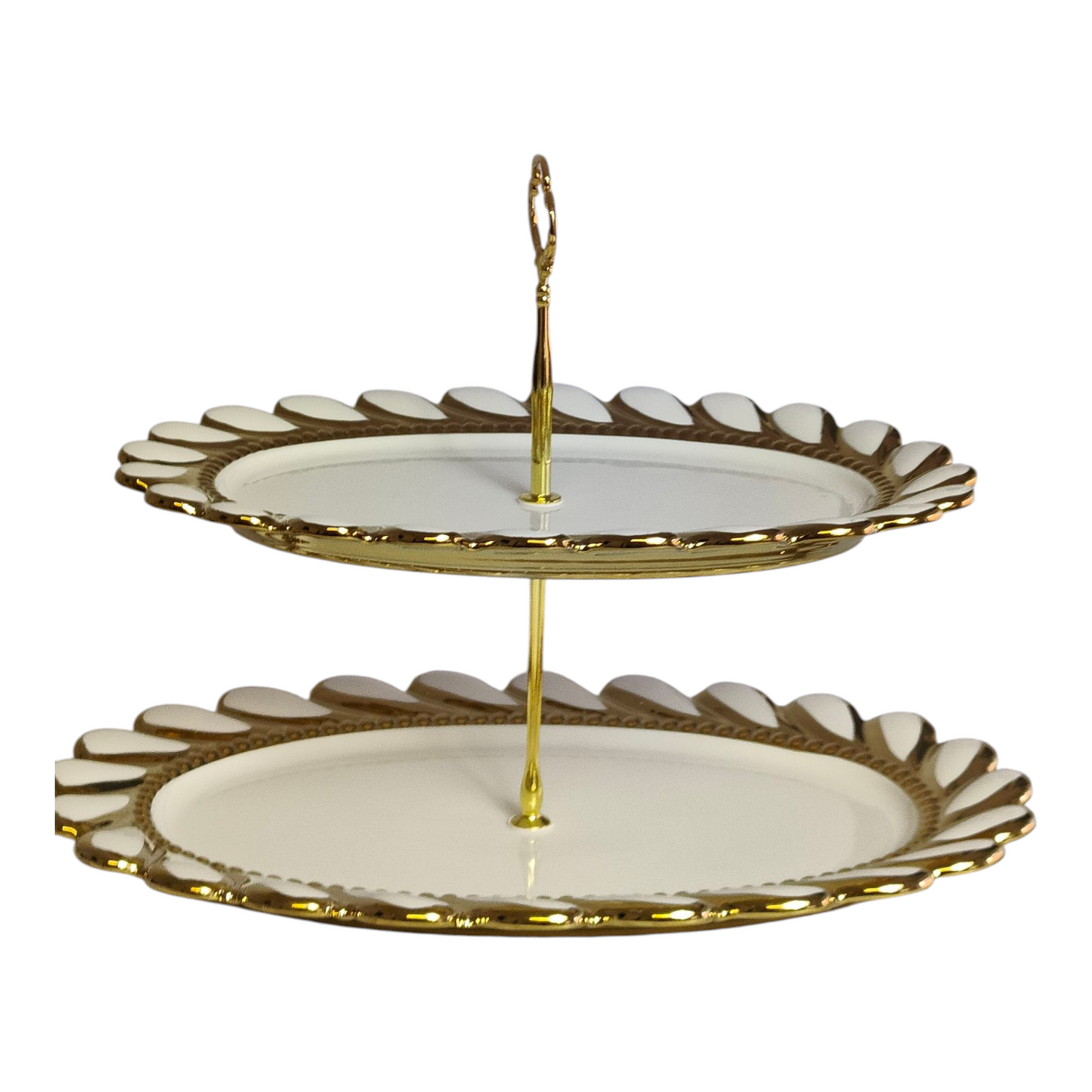 🍰 Soporte de Dos Pisos de Porcelana con Borde Dorado — Elegancia y Estilo para tu Mesa ✨