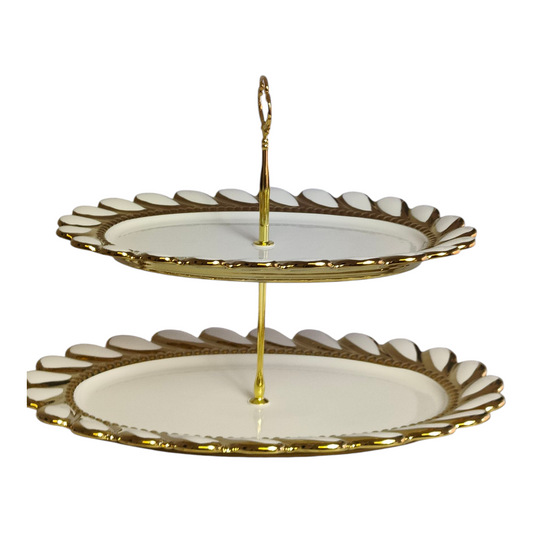 🍰 Soporte de Dos Pisos de Porcelana con Borde Dorado — Elegancia y Estilo para tu Mesa ✨