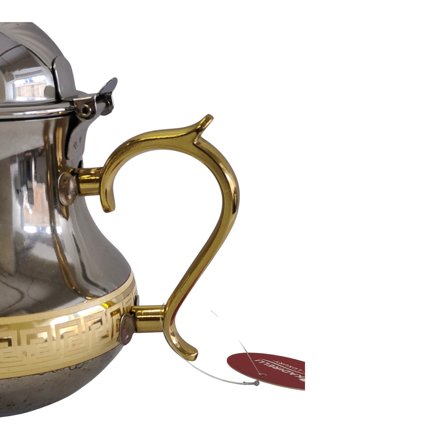 Tetera marroquí de acero inoxidable con detalles dorados, tapa con bisagra y pico antigoteo