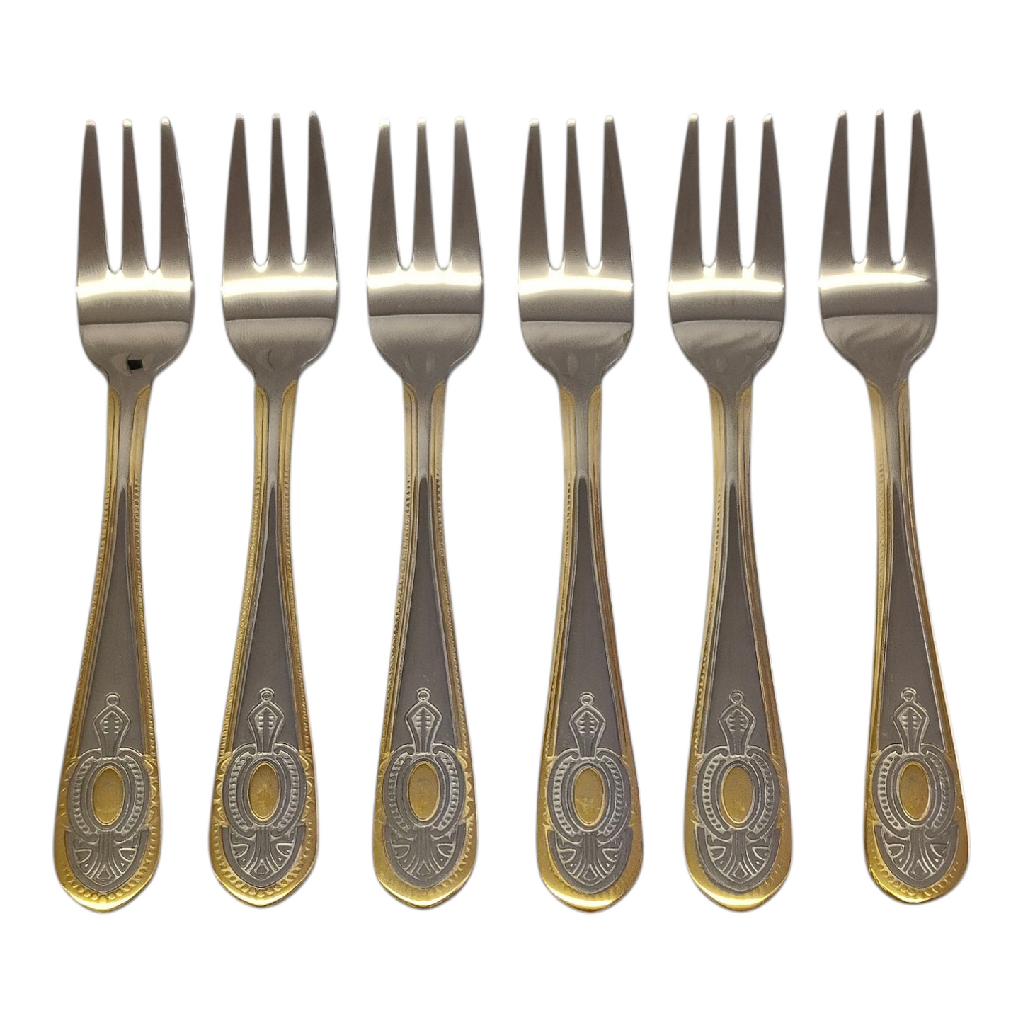 Set de 6 Tenedores de Postre – Acero Inoxidable con Grabado y Borde Dorado | Colección Clásica
