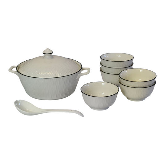 Ceramic Soup Tureen Set with Lid + 6 Bowls and Ladle — Textured White