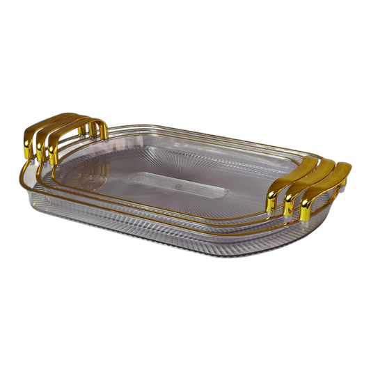 🍽️ Set of 3 Rectangular Plastic Trays with Gold Handles — Elegance and Versatility ✨