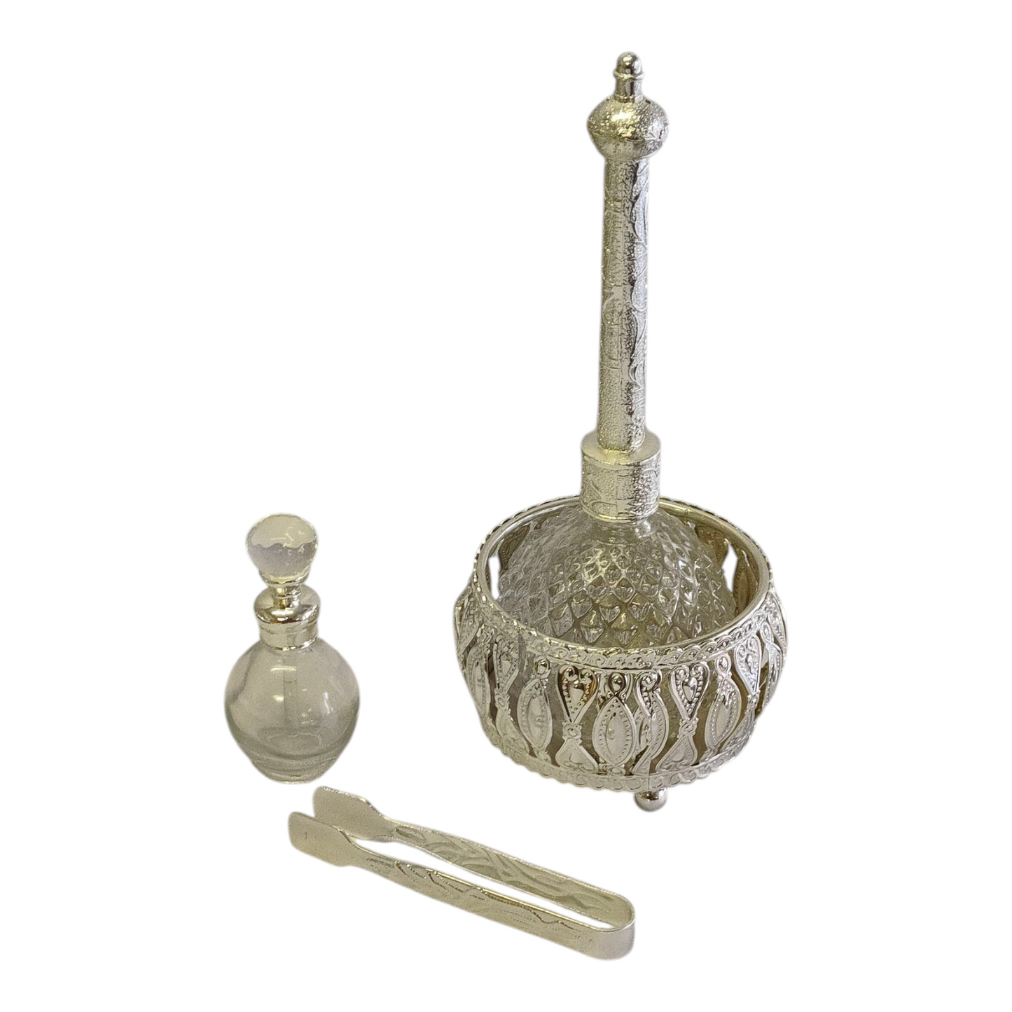 Set Árabe de Cristal Plateado — Bandeja con Quemador, Frascos y Accesorios de Lujo