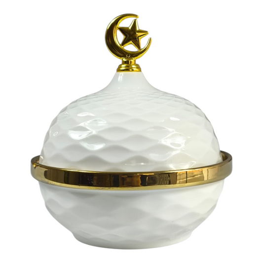 Caja Decorativa Árabe con Tapa Luna y Estrella Dorada 🌙⭐ Cerámica Blanca de Lujo