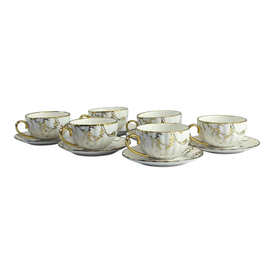 ☕ Set of 6 Decorated Cups and Saucers – Gold Details and Classic Design 🌿