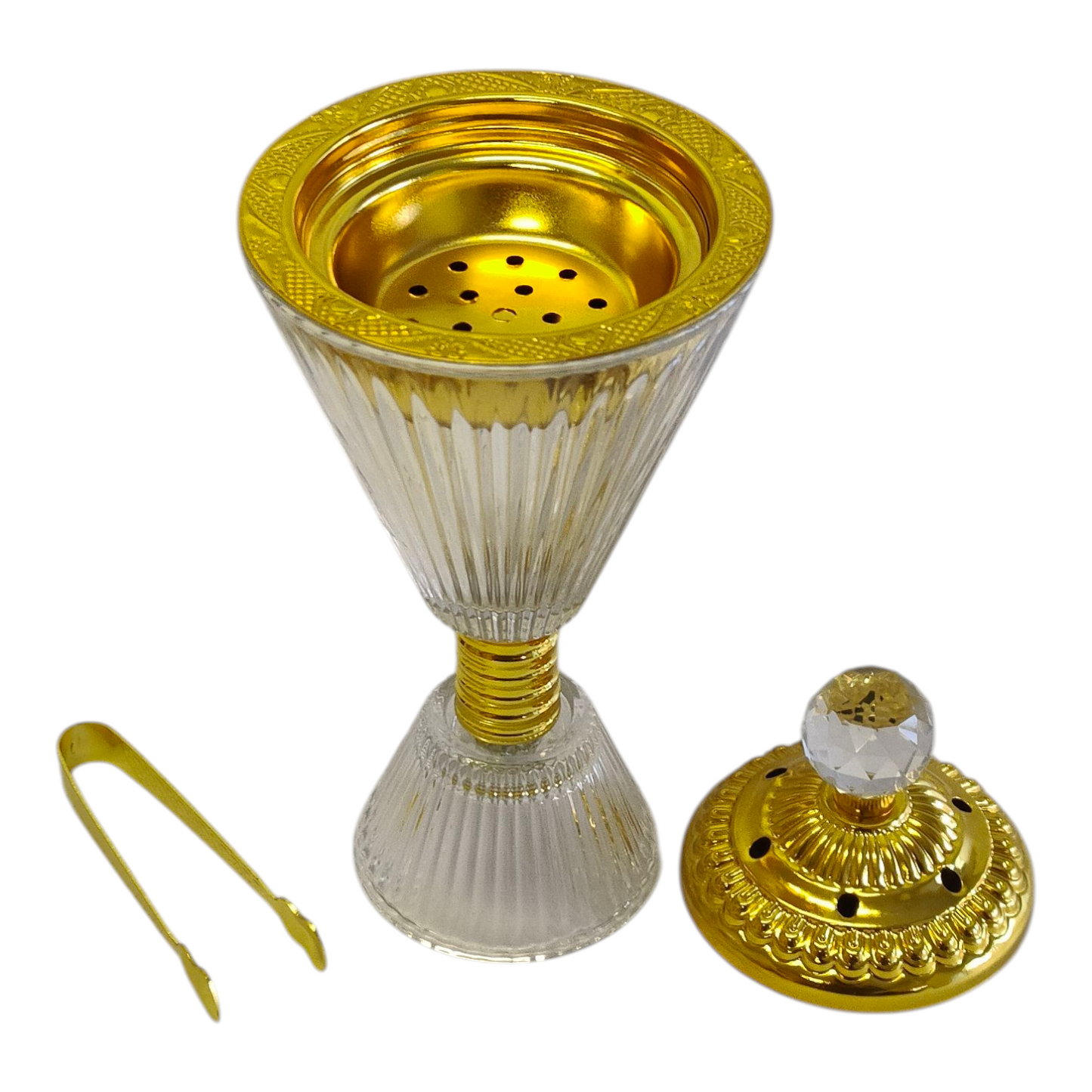 Set Árabe Dorado de Cristal con Base Decorativa — Bandeja de Lujo con Quemador y Frascos