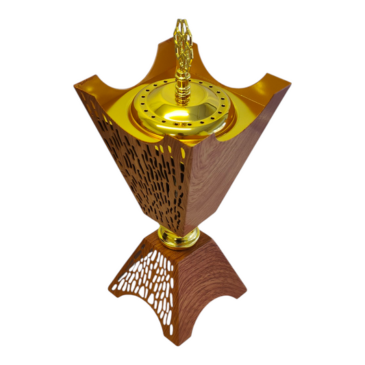 Quemador de Incienso Árabe Dorado y Madera — Diseño Calado Tradicional