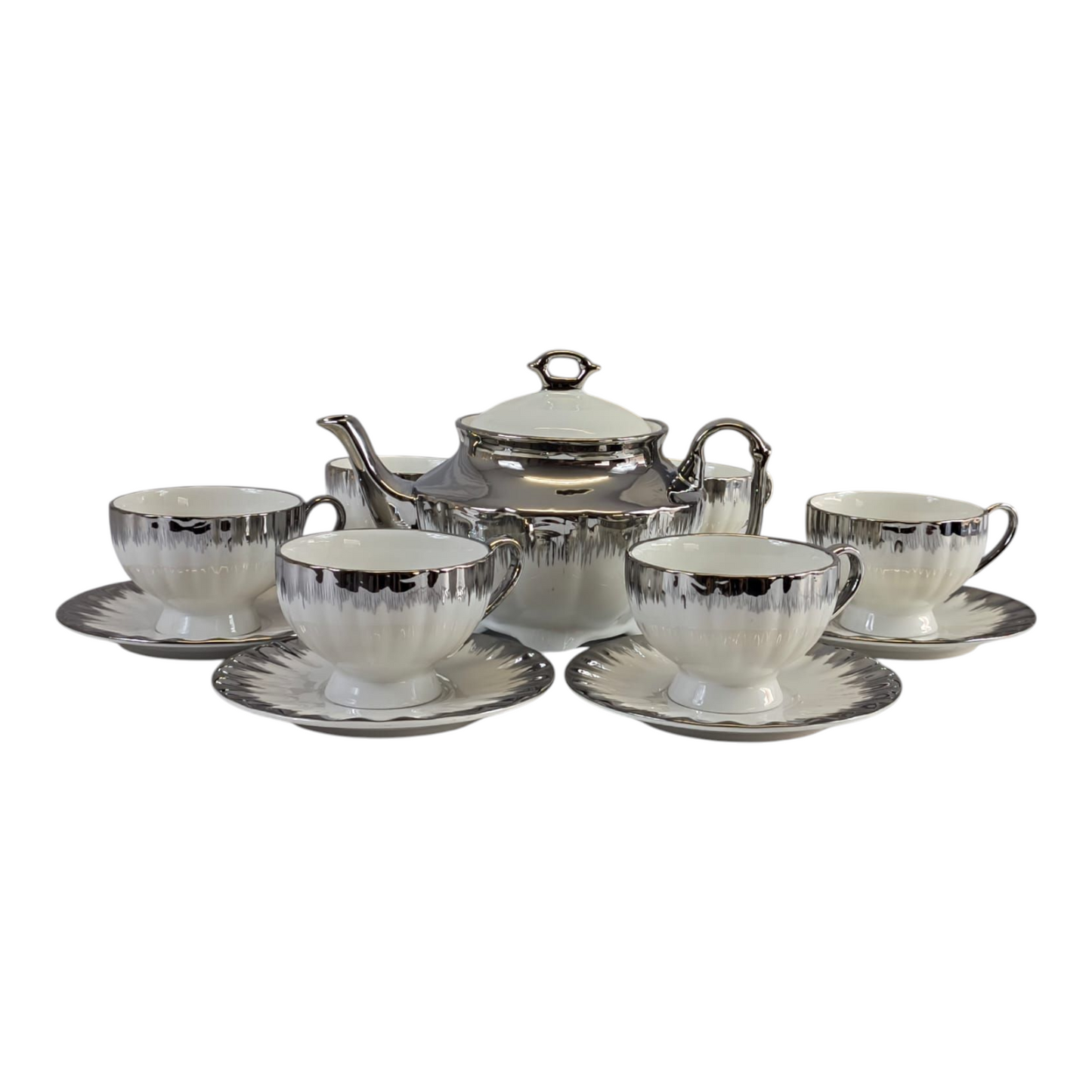 Set de Té de Porcelana Blanca con Detalles Plateados ✨🍵 Incluye Tetera y 6 Tazas con Platos