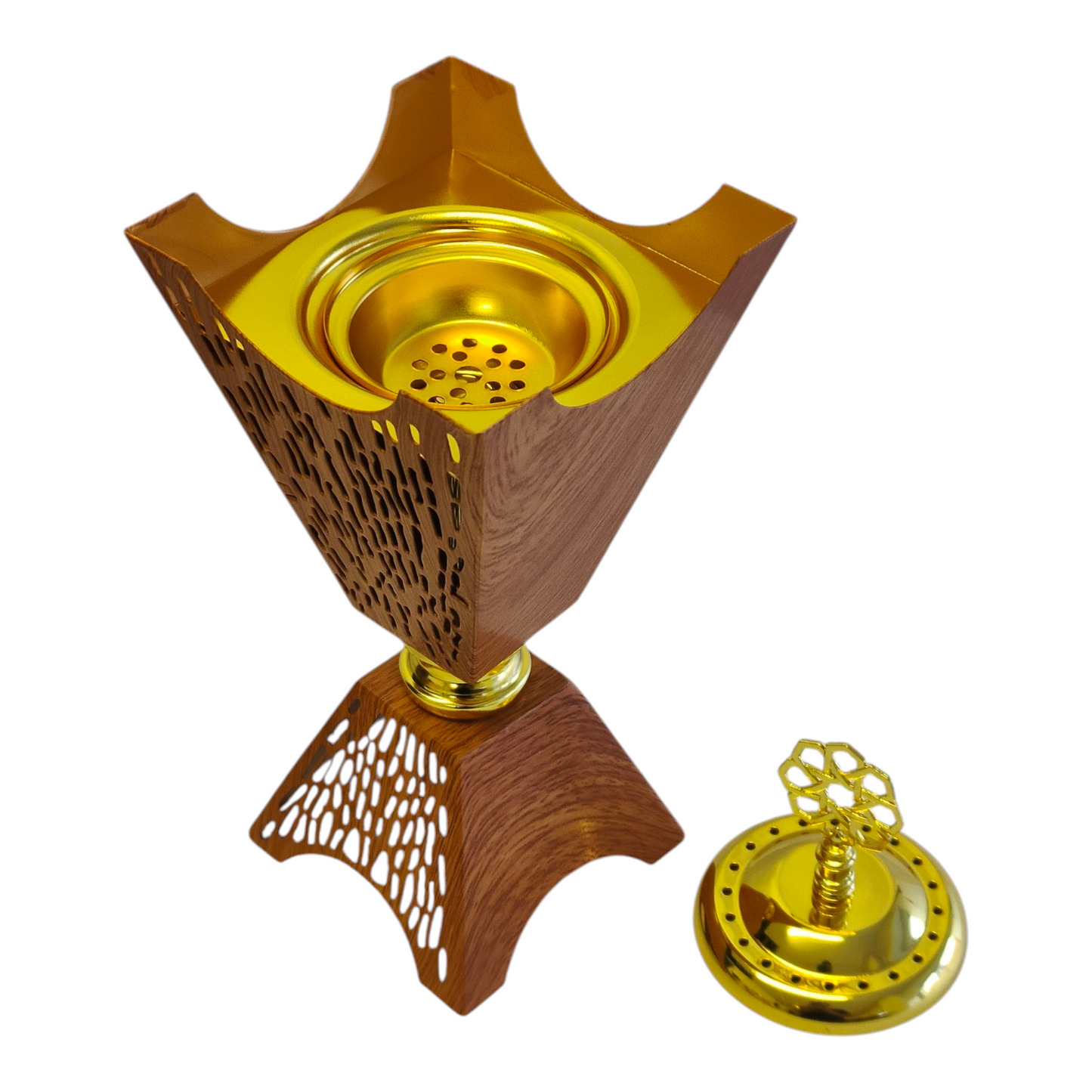 Quemador de Incienso Árabe Dorado y Madera — Diseño Calado Tradicional