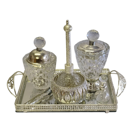 Set Árabe de Cristal Plateado — Bandeja con Quemador, Frascos y Accesorios de Lujo