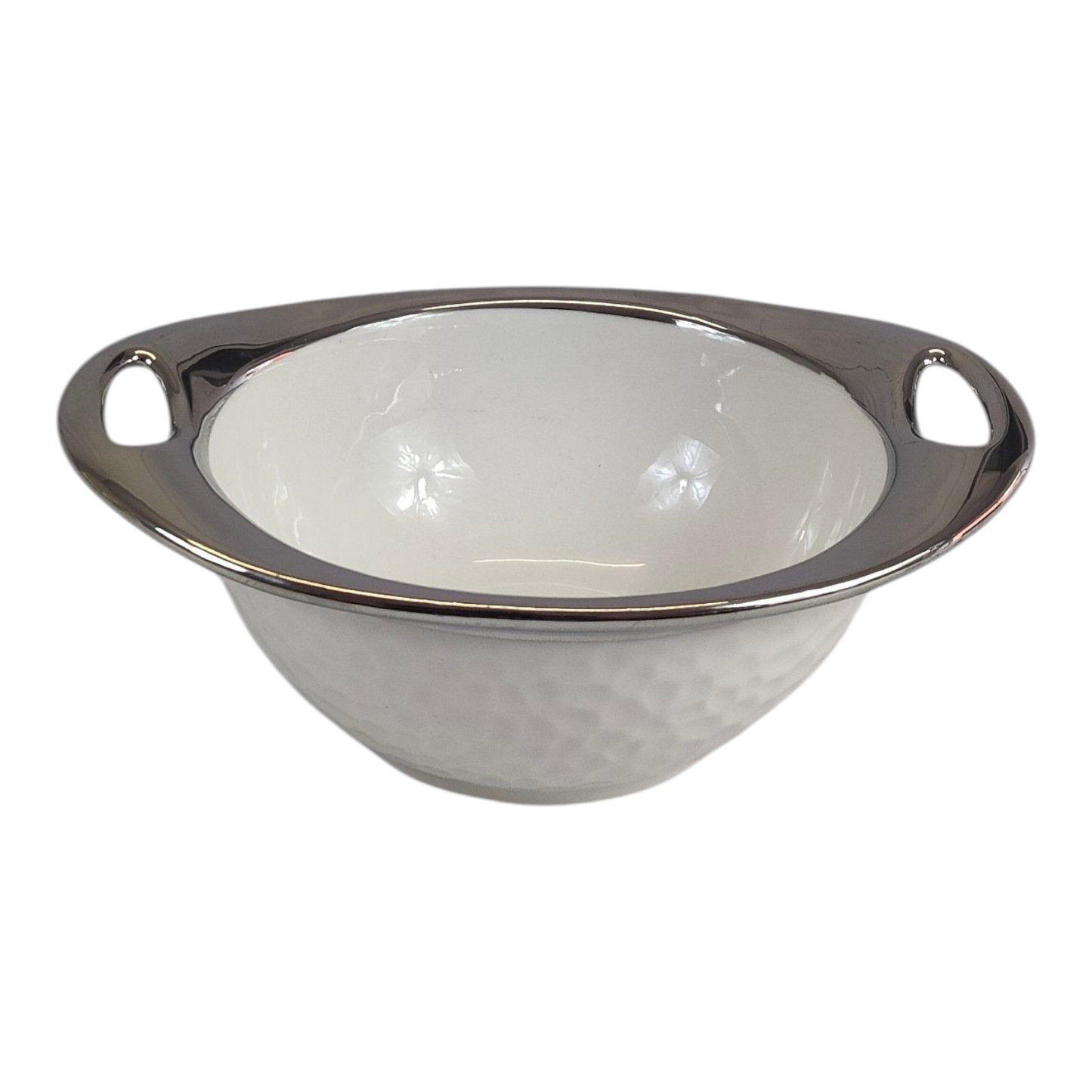 Set de Sopera de Cerámica con Tapadera + 6 Cuencos con Soporte Dorado - Diseño Martillado Blanco y Plateado
