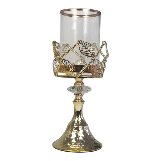 Portavelas Decorativo de Cristal y Metal Dorado con Detalles de Hojas – 25 cm