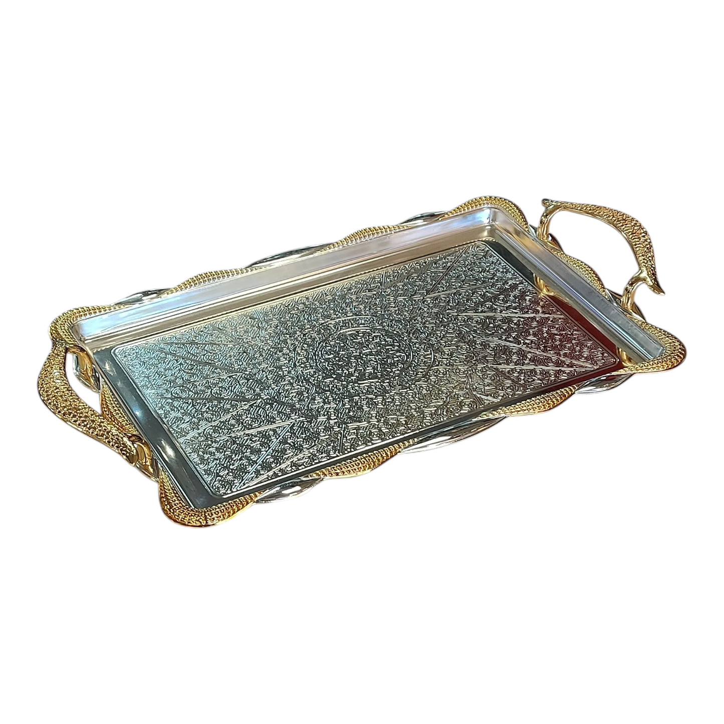 Bandeja Rectangular Plateada con Borde y Asas Doradas Onduladas