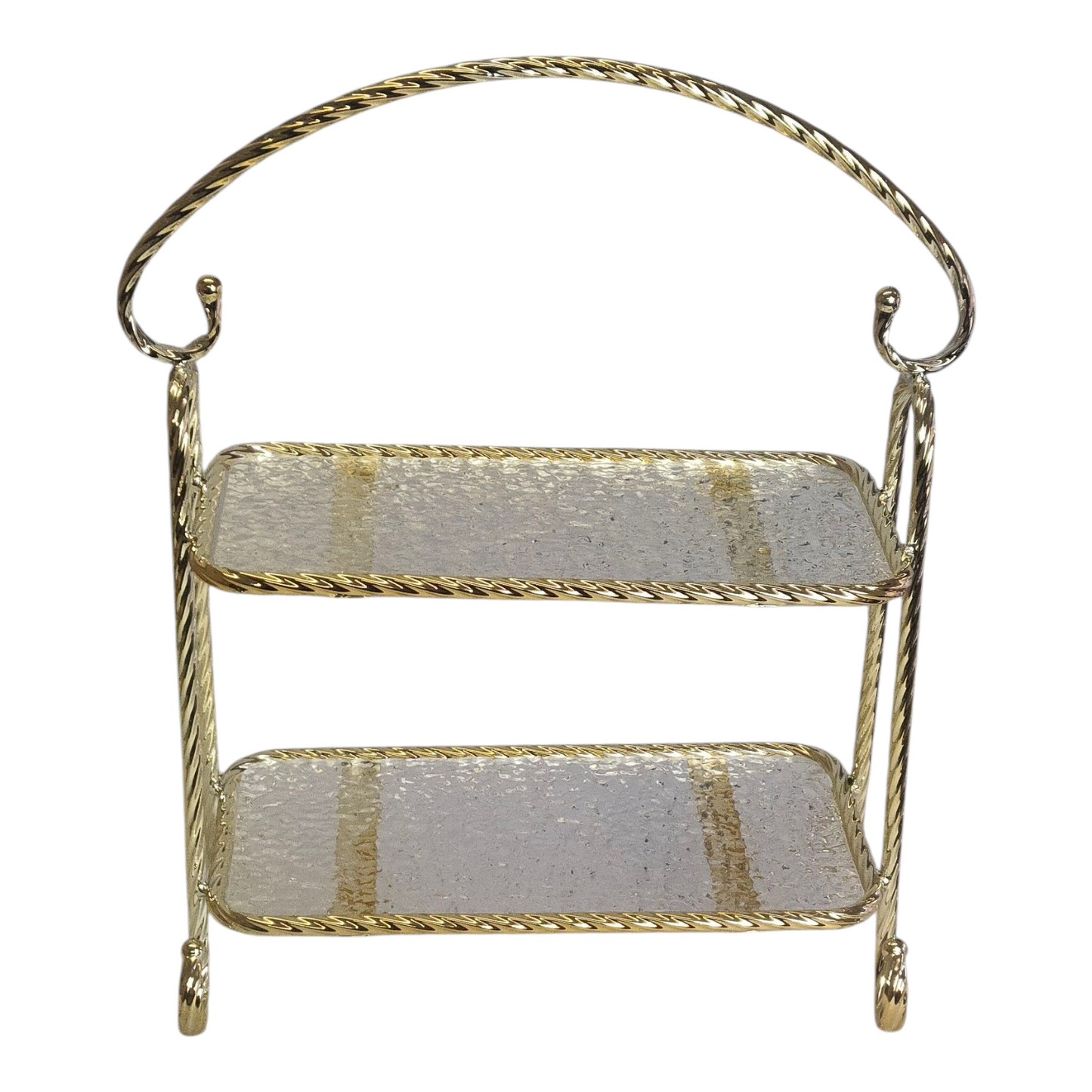 🏷 Bandeja Decorativa de 2 Pisos con Estructura Dorada y Cristal Texturizado – Estilo Clásico y Elegante
