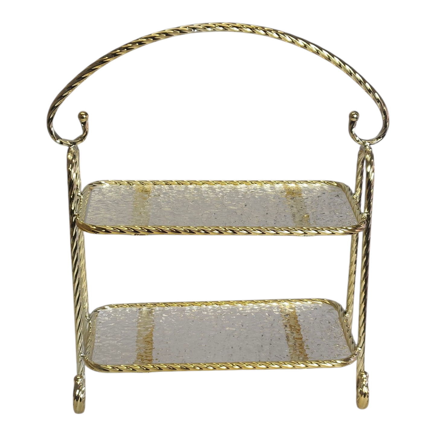🏷 Bandeja Decorativa de 2 Pisos con Estructura Dorada y Cristal Texturizado – Estilo Clásico y Elegante